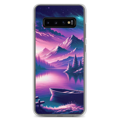 Magische Alpen-Dämmerung, rosa-lila Himmel und Bergsee mit Boot - Samsung Schutzhülle (durchsichtig) berge xxx yyy zzz Samsung Galaxy S10+
