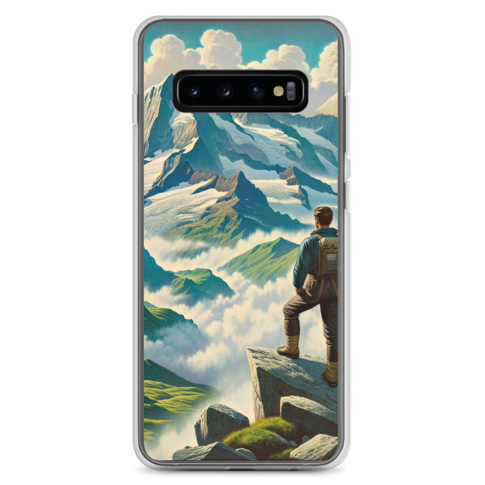 Panoramablick der Alpen mit Wanderer auf einem Hügel und schroffen Gipfeln - Samsung Schutzhülle (durchsichtig) wandern xxx yyy zzz Samsung Galaxy S10+