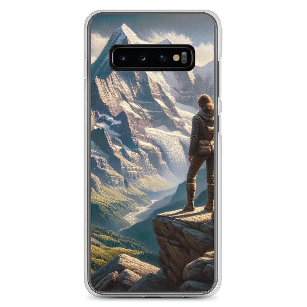 Ölgemälde der Alpengipfel mit Schweizer Abenteurerin auf Felsvorsprung - Samsung Schutzhülle (durchsichtig) wandern xxx yyy zzz Samsung Galaxy S10+