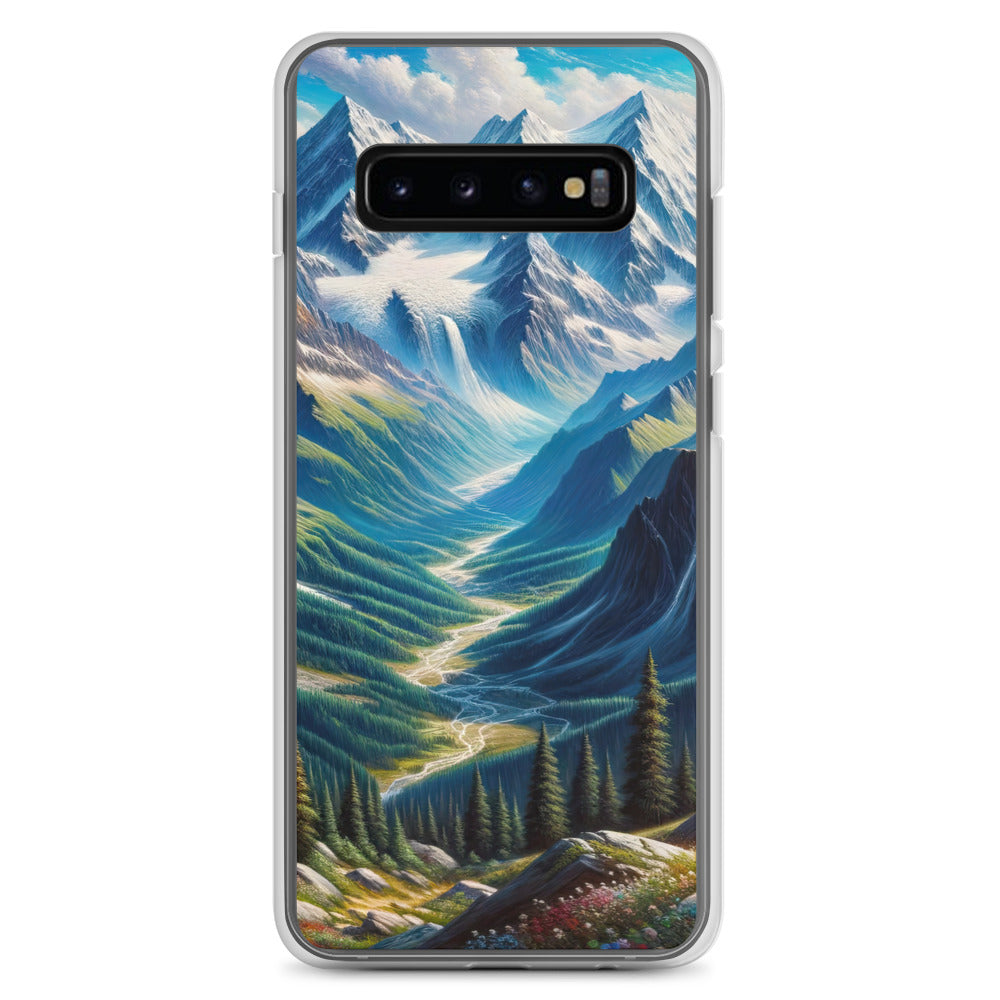 Panorama-Ölgemälde der Alpen mit schneebedeckten Gipfeln und schlängelnden Flusstälern - Samsung Schutzhülle (durchsichtig) berge xxx yyy zzz Samsung Galaxy S10+