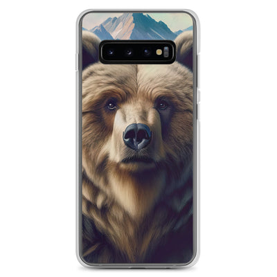 Foto eines Bären vor abstrakt gemalten Alpenbergen, Oberkörper im Fokus - Samsung Schutzhülle (durchsichtig) camping xxx yyy zzz Samsung Galaxy S10+