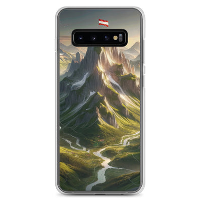Fotorealistisches Bild der Alpen mit österreichischer Flagge, scharfen Gipfeln und grünen Tälern - Samsung Schutzhülle (durchsichtig) berge xxx yyy zzz Samsung Galaxy S10+