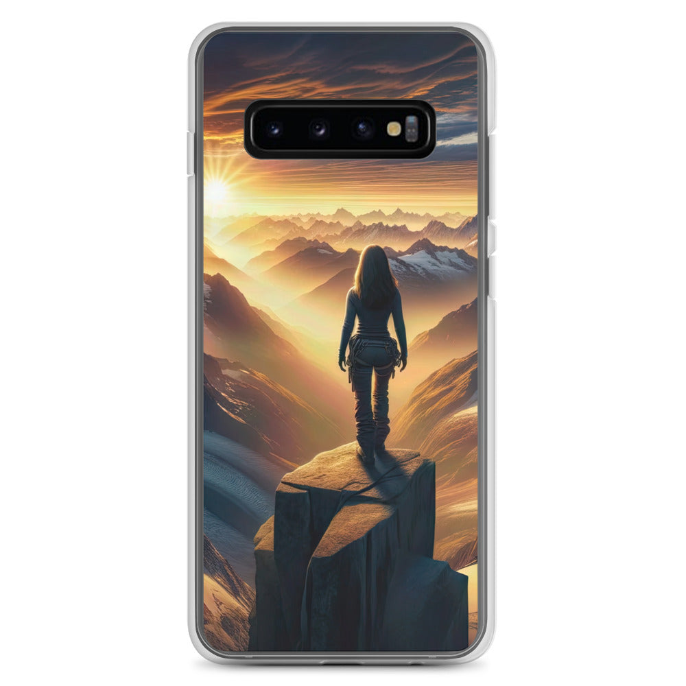 Fotorealistische Darstellung der Alpen bei Sonnenaufgang, Wanderin unter einem gold-purpurnen Himmel - Samsung Schutzhülle (durchsichtig) wandern xxx yyy zzz Samsung Galaxy S10+