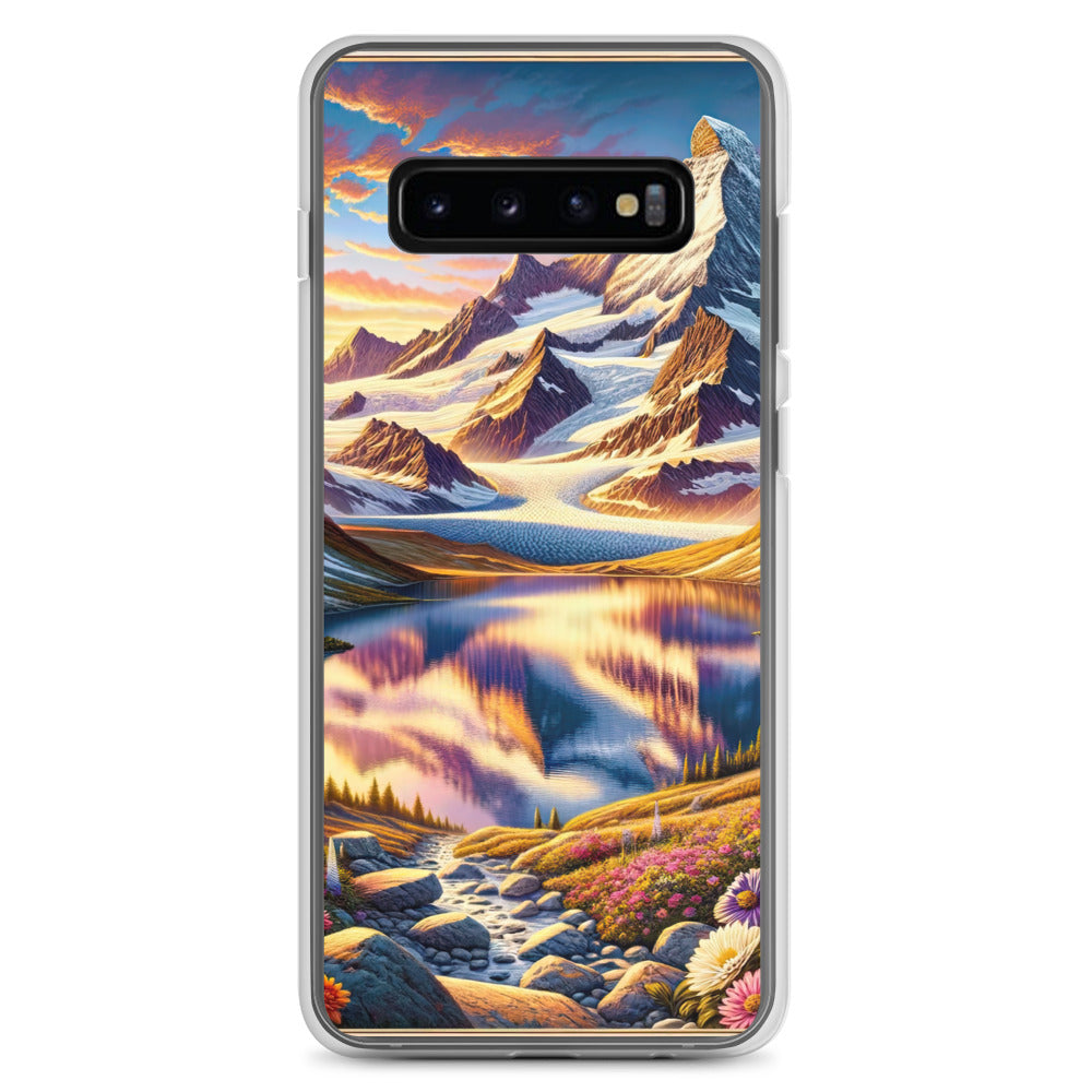 Quadratische Illustration der Alpen mit schneebedeckten Gipfeln und Wildblumen - Samsung Schutzhülle (durchsichtig) berge xxx yyy zzz Samsung Galaxy S10+