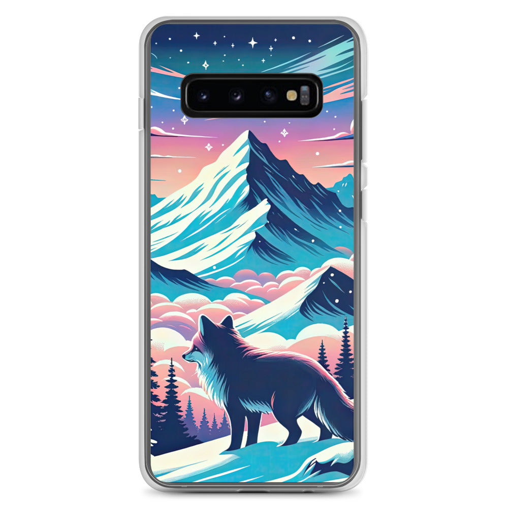Vektorgrafik eines alpinen Winterwunderlandes mit schneebedeckten Kiefern und einem Fuchs - Samsung Schutzhülle (durchsichtig) camping xxx yyy zzz Samsung Galaxy S10+