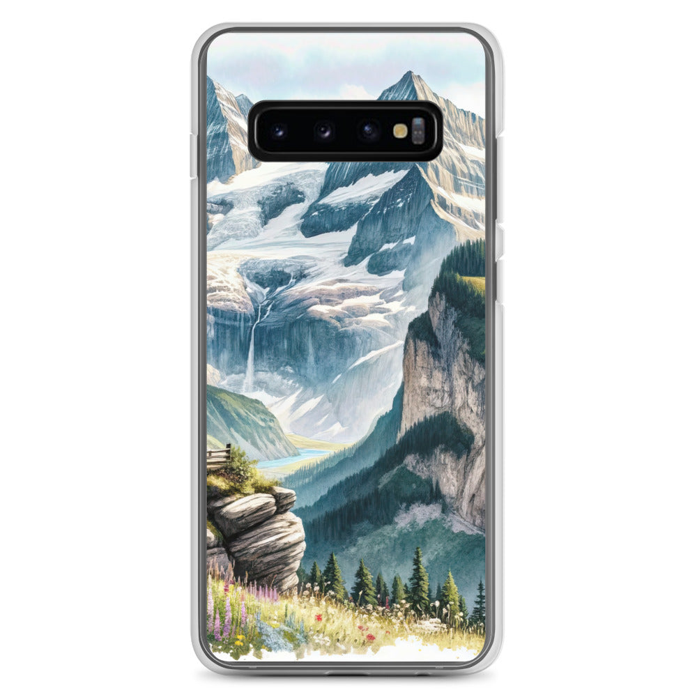 Aquarell-Panoramablick der Alpen mit schneebedeckten Gipfeln, Wasserfällen und Wanderern - Samsung Schutzhülle (durchsichtig) wandern xxx yyy zzz Samsung Galaxy S10+