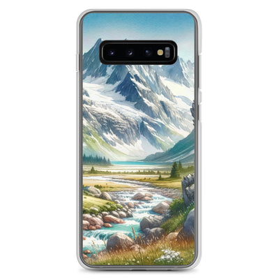 Aquarellmalerei eines Bären und der sommerlichen Alpenschönheit mit schneebedeckten Ketten - Samsung Schutzhülle (durchsichtig) camping xxx yyy zzz Samsung Galaxy S10+