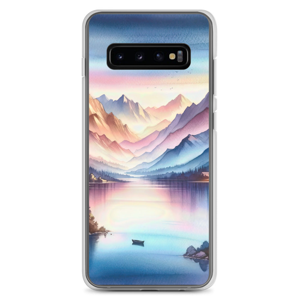 Aquarell einer Dämmerung in den Alpen, Boot auf einem See in Pastell-Licht - Samsung Schutzhülle (durchsichtig) berge xxx yyy zzz Samsung Galaxy S10+
