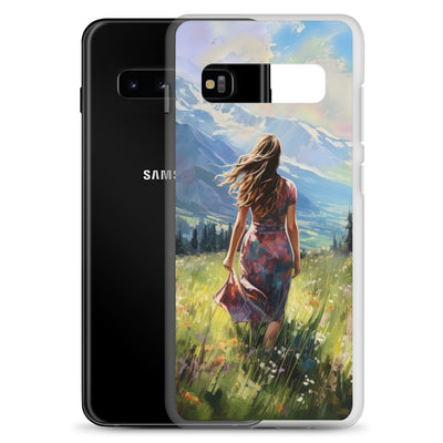 Frau mit langen Kleid im Feld mit Blumen - Berge im Hintergrund - Malerei - Samsung Schutzhülle (durchsichtig) berge xxx