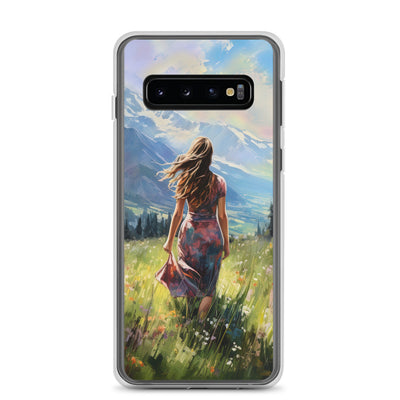 Frau mit langen Kleid im Feld mit Blumen - Berge im Hintergrund - Malerei - Samsung Schutzhülle (durchsichtig) berge xxx Samsung Galaxy S10
