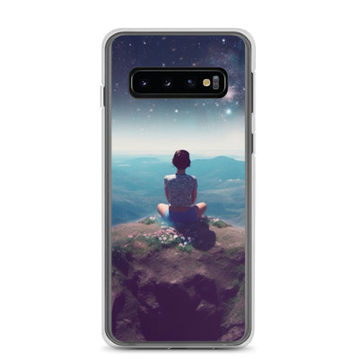 Frau sitzt auf Berg – Cosmos und Sterne im Hintergrund - Landschaftsmalerei - Samsung Schutzhülle (durchsichtig) berge xxx Samsung Galaxy S10