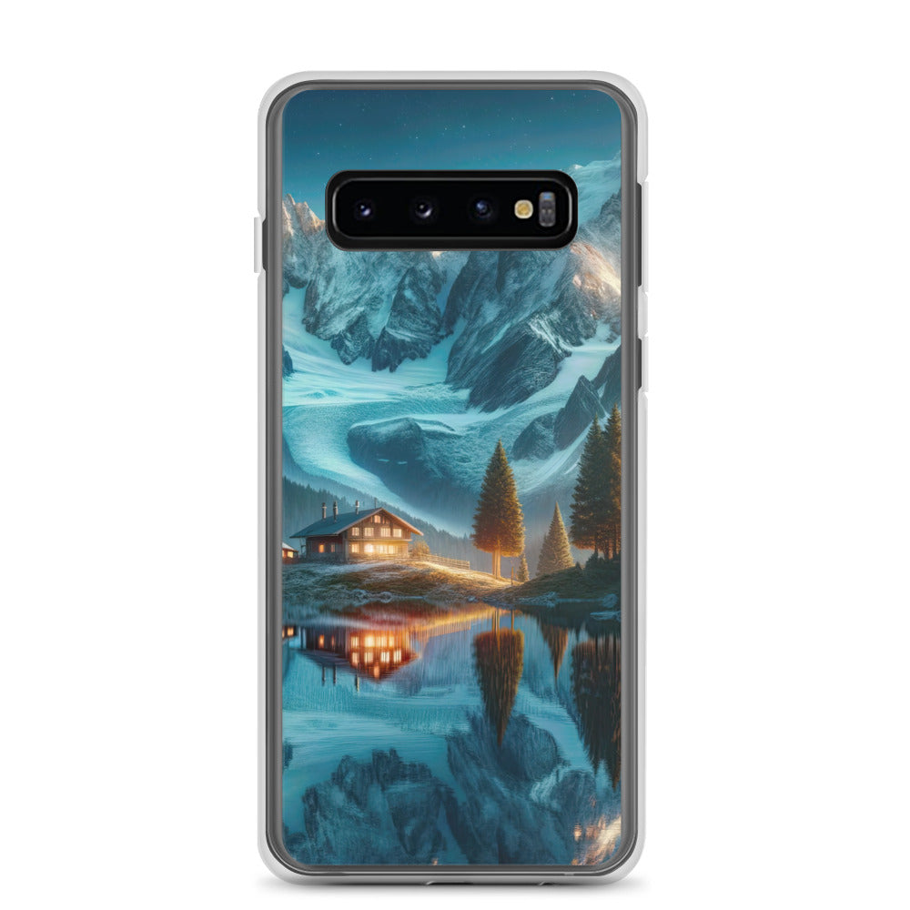 Stille Alpenmajestätik: Digitale Kunst mit Schnee und Bergsee-Spiegelung - Samsung Schutzhülle (durchsichtig) berge xxx yyy zzz Samsung Galaxy S10