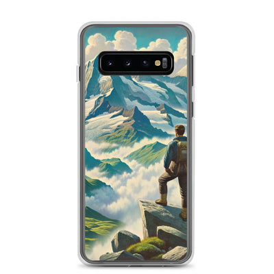 Panoramablick der Alpen mit Wanderer auf einem Hügel und schroffen Gipfeln - Samsung Schutzhülle (durchsichtig) wandern xxx yyy zzz Samsung Galaxy S10