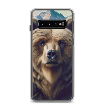 Foto eines Bären vor abstrakt gemalten Alpenbergen, Oberkörper im Fokus - Samsung Schutzhülle (durchsichtig) camping xxx yyy zzz Samsung Galaxy S10