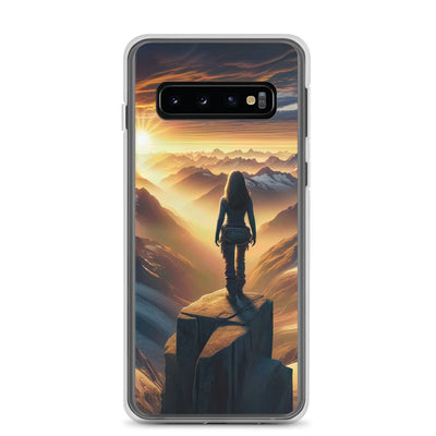 Fotorealistische Darstellung der Alpen bei Sonnenaufgang, Wanderin unter einem gold-purpurnen Himmel - Samsung Schutzhülle (durchsichtig) wandern xxx yyy zzz Samsung Galaxy S10