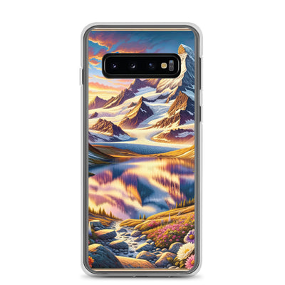 Quadratische Illustration der Alpen mit schneebedeckten Gipfeln und Wildblumen - Samsung Schutzhülle (durchsichtig) berge xxx yyy zzz Samsung Galaxy S10