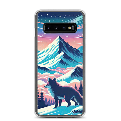 Vektorgrafik eines alpinen Winterwunderlandes mit schneebedeckten Kiefern und einem Fuchs - Samsung Schutzhülle (durchsichtig) camping xxx yyy zzz Samsung Galaxy S10