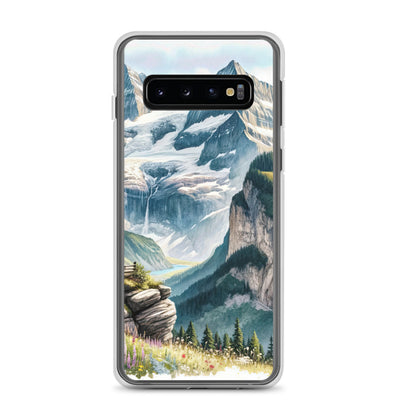 Aquarell-Panoramablick der Alpen mit schneebedeckten Gipfeln, Wasserfällen und Wanderern - Samsung Schutzhülle (durchsichtig) wandern xxx yyy zzz Samsung Galaxy S10