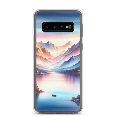 Aquarell einer Dämmerung in den Alpen, Boot auf einem See in Pastell-Licht - Samsung Schutzhülle (durchsichtig) berge xxx yyy zzz Samsung Galaxy S10