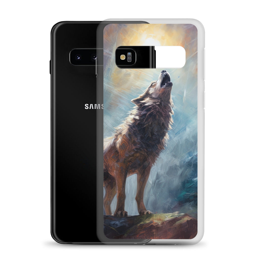 Heulender Wolf auf Berggipfel und Mond im Hintergrund – Abstrakte Malerei - Samsung Schutzhülle (durchsichtig) camping xxx