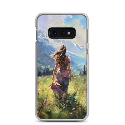 Frau mit langen Kleid im Feld mit Blumen - Berge im Hintergrund - Malerei - Samsung Schutzhülle (durchsichtig) berge xxx Samsung Galaxy S10e