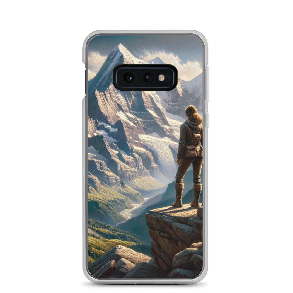 Ölgemälde der Alpengipfel mit Schweizer Abenteurerin auf Felsvorsprung - Samsung Schutzhülle (durchsichtig) wandern xxx yyy zzz Samsung Galaxy S10e