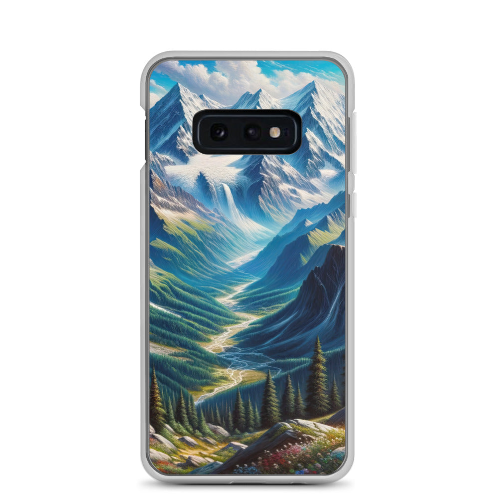Panorama-Ölgemälde der Alpen mit schneebedeckten Gipfeln und schlängelnden Flusstälern - Samsung Schutzhülle (durchsichtig) berge xxx yyy zzz Samsung Galaxy S10e