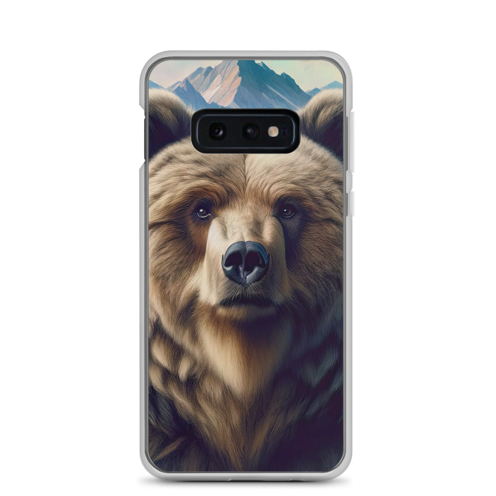 Foto eines Bären vor abstrakt gemalten Alpenbergen, Oberkörper im Fokus - Samsung Schutzhülle (durchsichtig) camping xxx yyy zzz Samsung Galaxy S10e