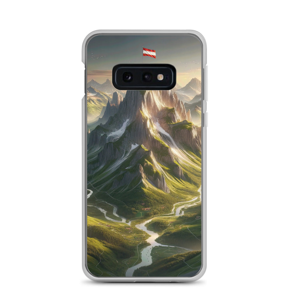 Fotorealistisches Bild der Alpen mit österreichischer Flagge, scharfen Gipfeln und grünen Tälern - Samsung Schutzhülle (durchsichtig) berge xxx yyy zzz Samsung Galaxy S10e