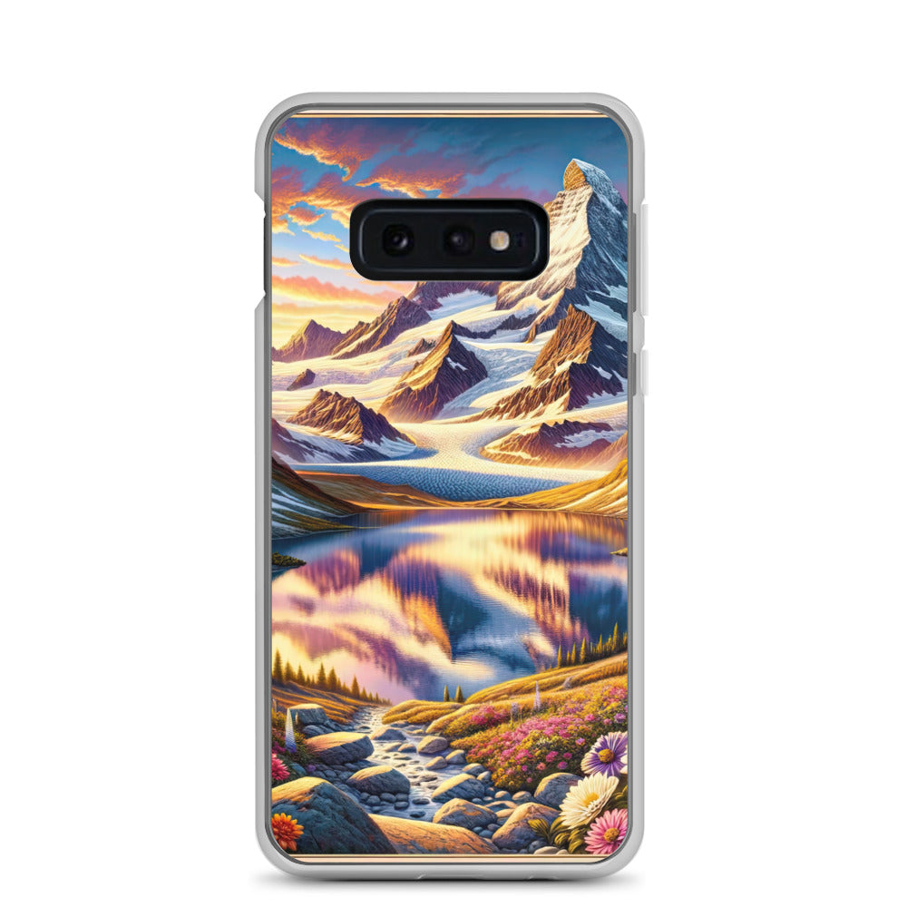 Quadratische Illustration der Alpen mit schneebedeckten Gipfeln und Wildblumen - Samsung Schutzhülle (durchsichtig) berge xxx yyy zzz Samsung Galaxy S10e