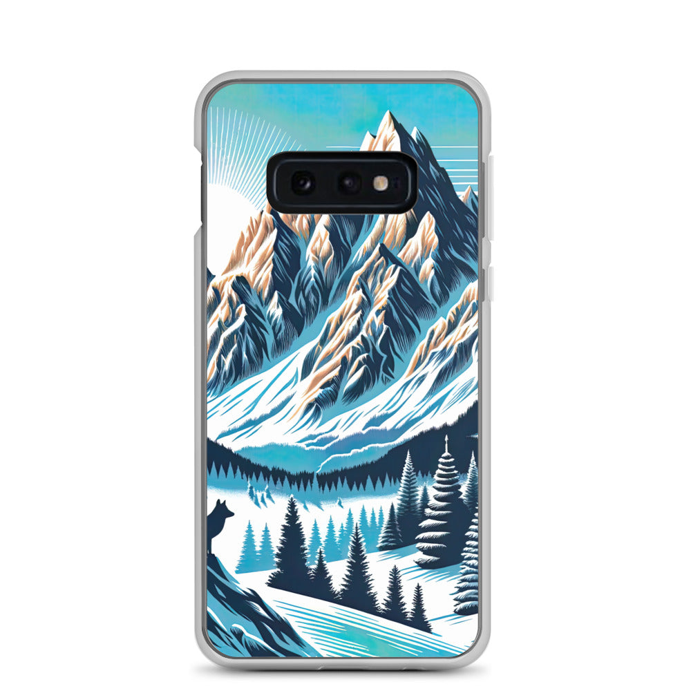 Vektorgrafik eines Wolfes im winterlichen Alpenmorgen, Berge mit Schnee- und Felsmustern - Samsung Schutzhülle (durchsichtig) berge xxx yyy zzz Samsung Galaxy S10e