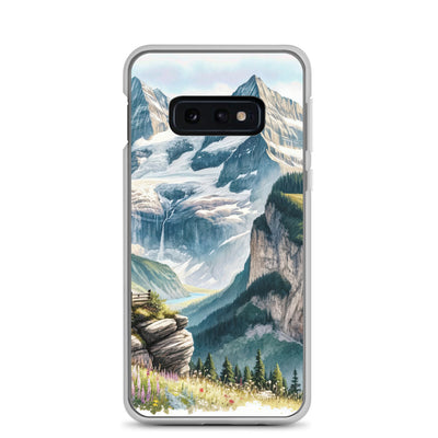 Aquarell-Panoramablick der Alpen mit schneebedeckten Gipfeln, Wasserfällen und Wanderern - Samsung Schutzhülle (durchsichtig) wandern xxx yyy zzz Samsung Galaxy S10e