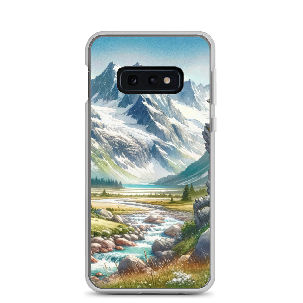 Aquarellmalerei eines Bären und der sommerlichen Alpenschönheit mit schneebedeckten Ketten - Samsung Schutzhülle (durchsichtig) camping xxx yyy zzz Samsung Galaxy S10e
