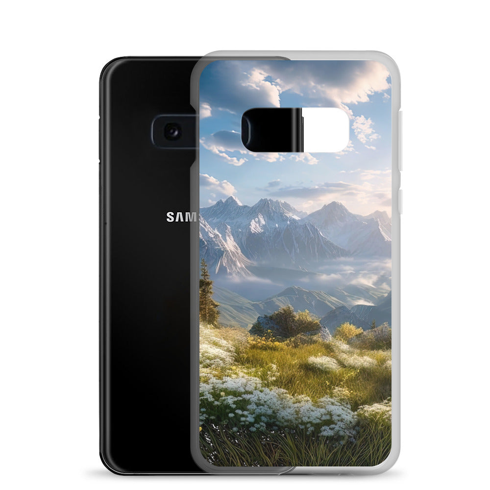 Berglandschaft mit Sonnenschein, Blumen und Bäumen - Malerei - Samsung Schutzhülle (durchsichtig) berge xxx