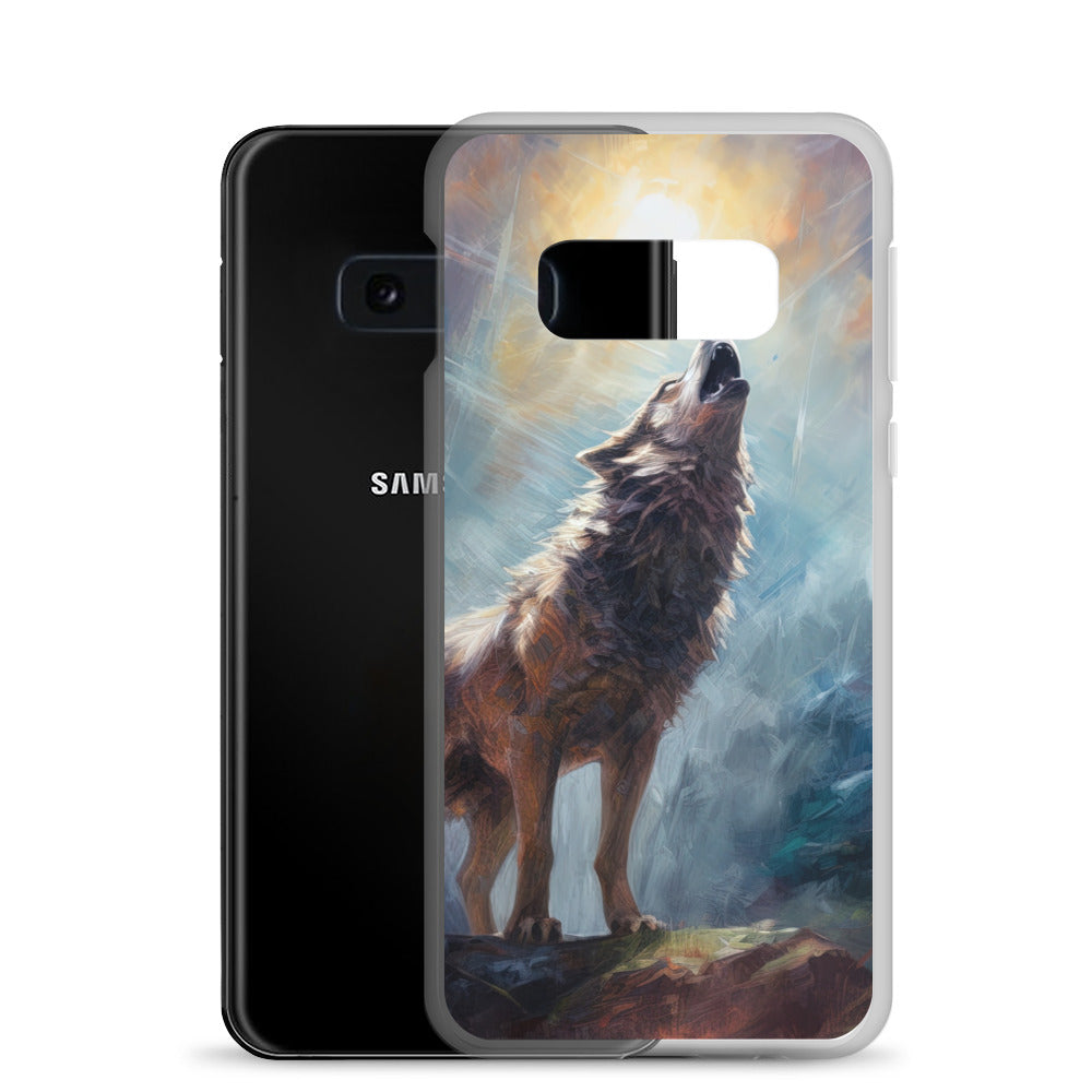 Heulender Wolf auf Berggipfel und Mond im Hintergrund – Abstrakte Malerei - Samsung Schutzhülle (durchsichtig) camping xxx