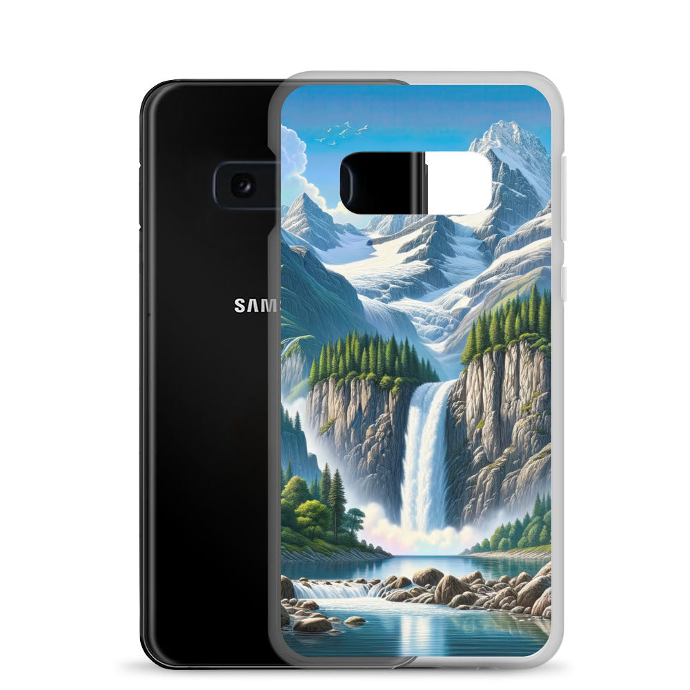 Illustration einer unberührten Alpenkulisse im Hochsommer. Wasserfall und See - Samsung Schutzhülle (durchsichtig) berge xxx yyy zzz