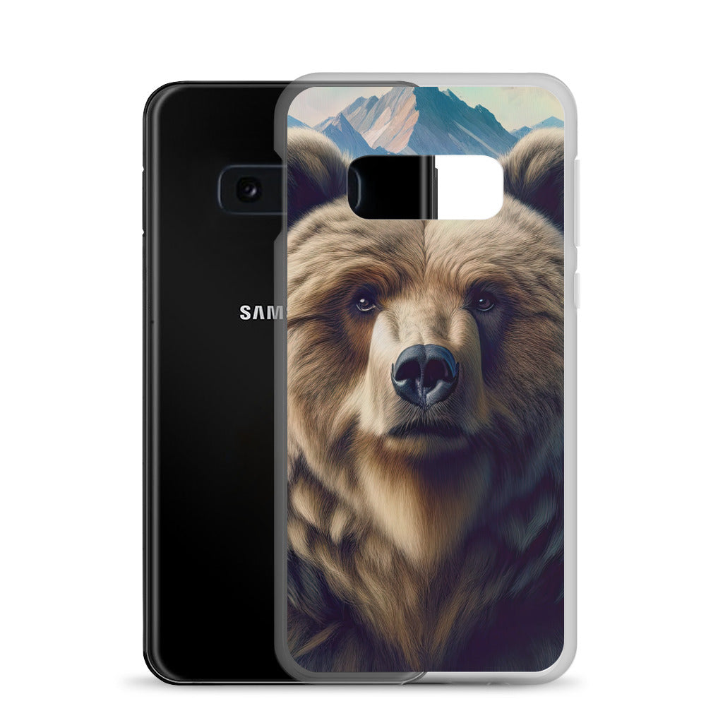 Foto eines Bären vor abstrakt gemalten Alpenbergen, Oberkörper im Fokus - Samsung Schutzhülle (durchsichtig) camping xxx yyy zzz