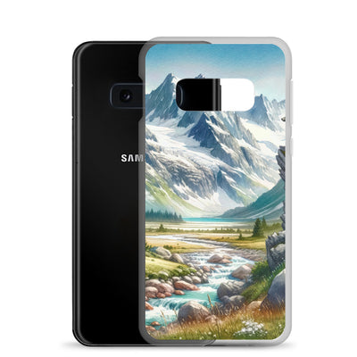 Aquarellmalerei eines Bären und der sommerlichen Alpenschönheit mit schneebedeckten Ketten - Samsung Schutzhülle (durchsichtig) camping xxx yyy zzz