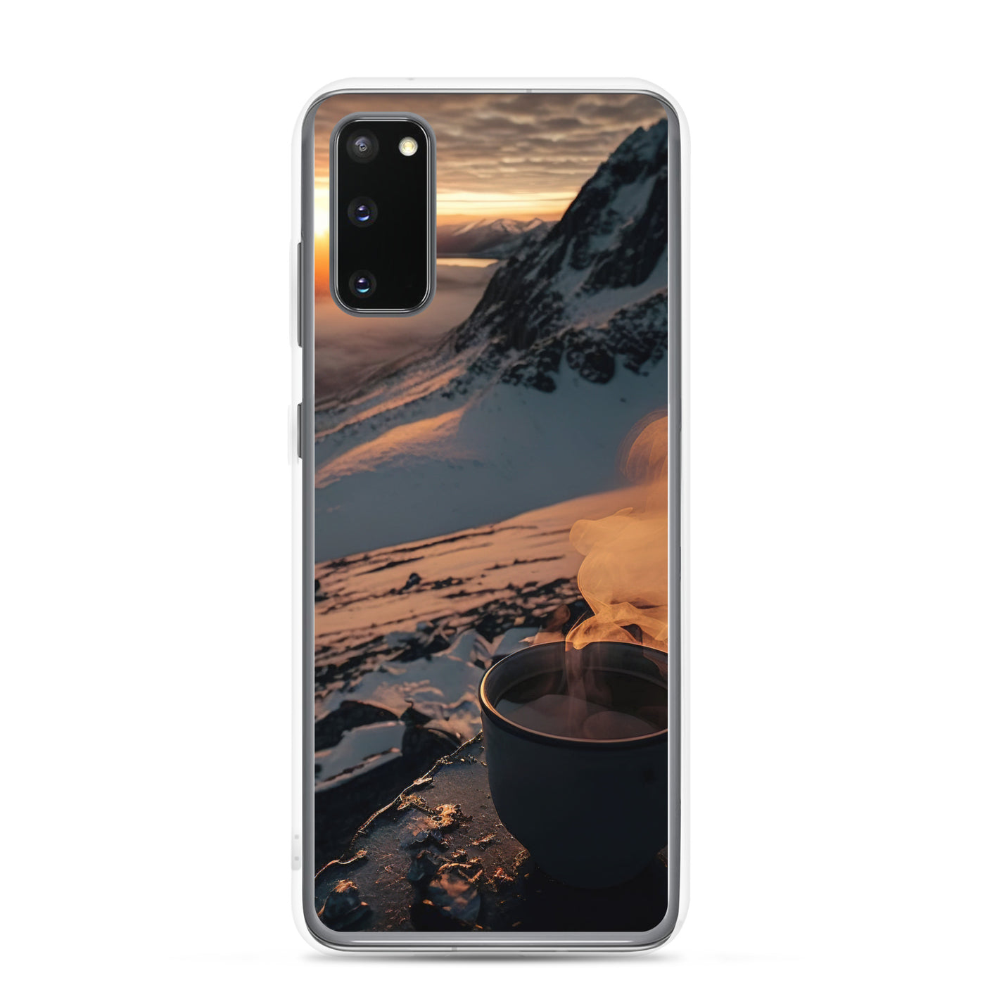 Heißer Kaffee auf einem schneebedeckten Berg - Samsung Schutzhülle (durchsichtig) berge xxx Samsung Galaxy S20
