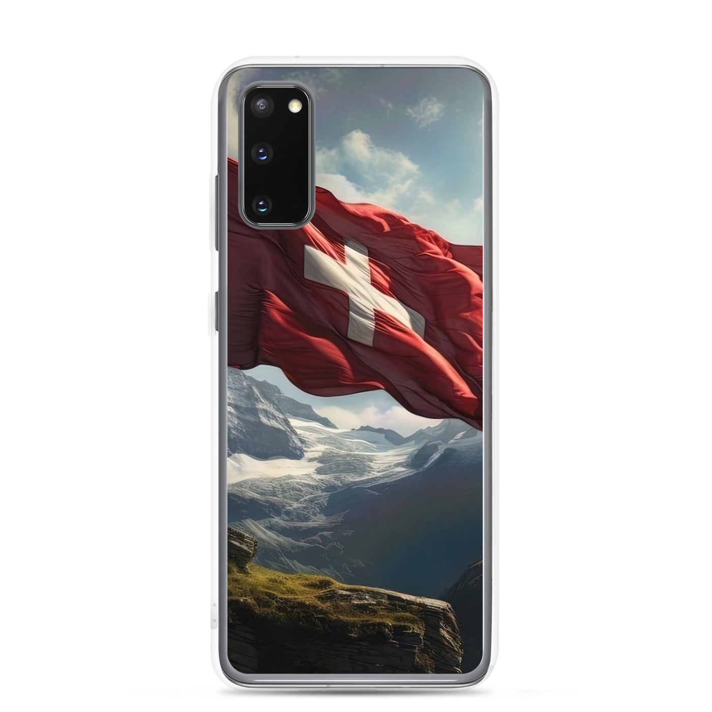 Schweizer Flagge und Berge im Hintergrund - Fotorealistische Malerei - Samsung Schutzhülle (durchsichtig) berge xxx Samsung Galaxy S20