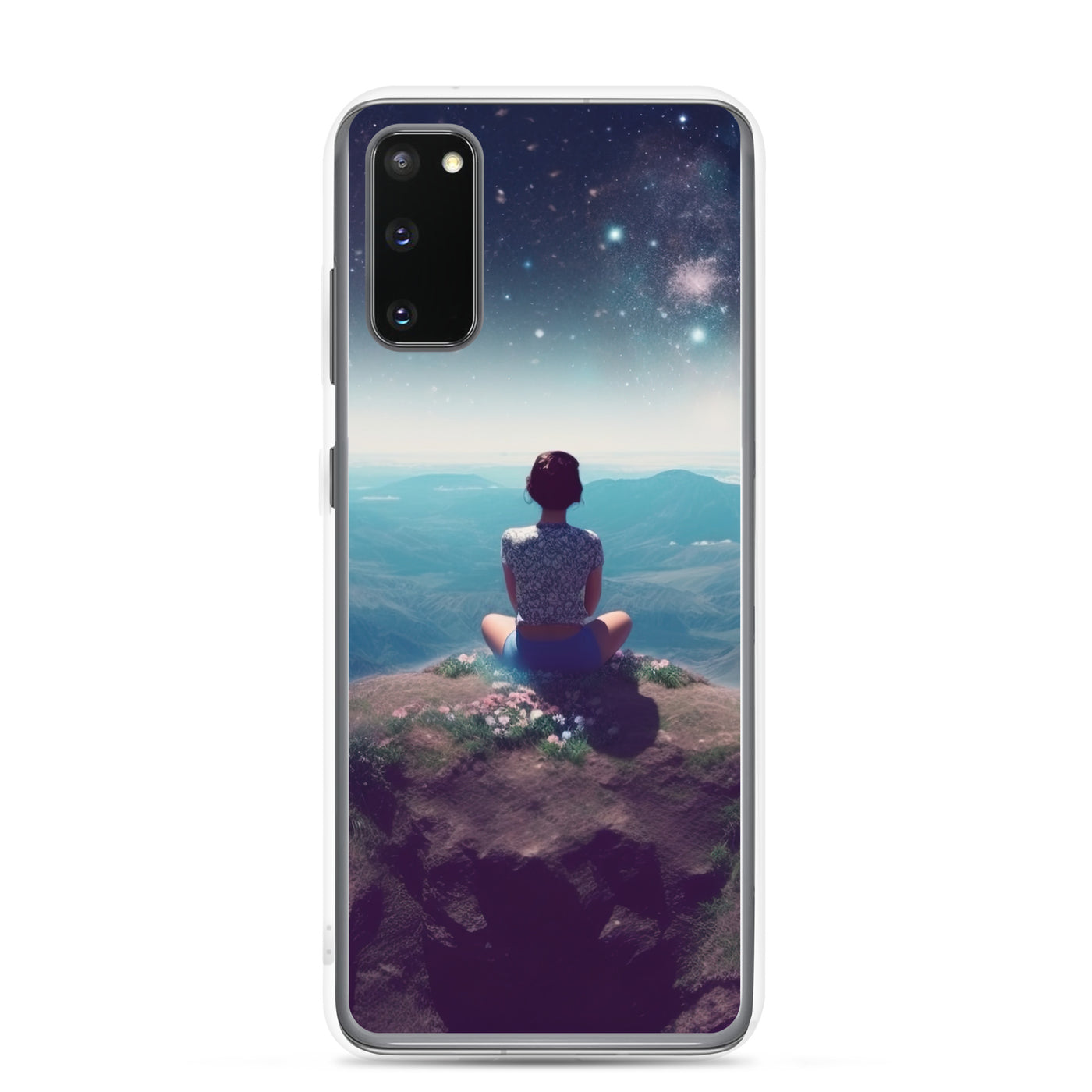 Frau sitzt auf Berg – Cosmos und Sterne im Hintergrund - Landschaftsmalerei - Samsung Schutzhülle (durchsichtig) berge xxx Samsung Galaxy S20