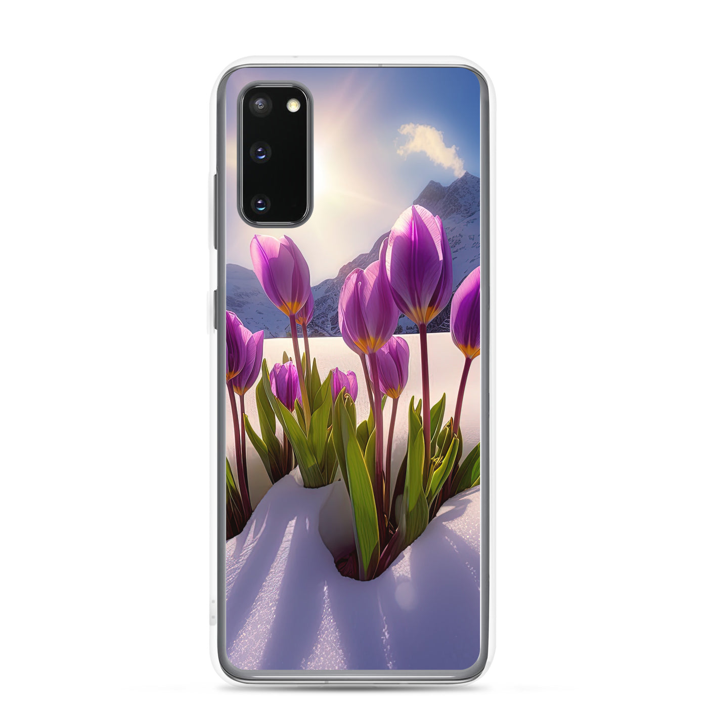 Tulpen im Schnee und in den Bergen - Blumen im Winter - Samsung Schutzhülle (durchsichtig) berge xxx Samsung Galaxy S20