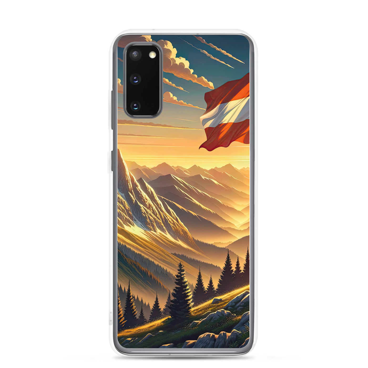 Ruhiger Alpenabend mit österreichischer Flagge und goldenem Sonnenuntergang - Samsung Schutzhülle (durchsichtig) berge xxx yyy zzz Samsung Galaxy S20