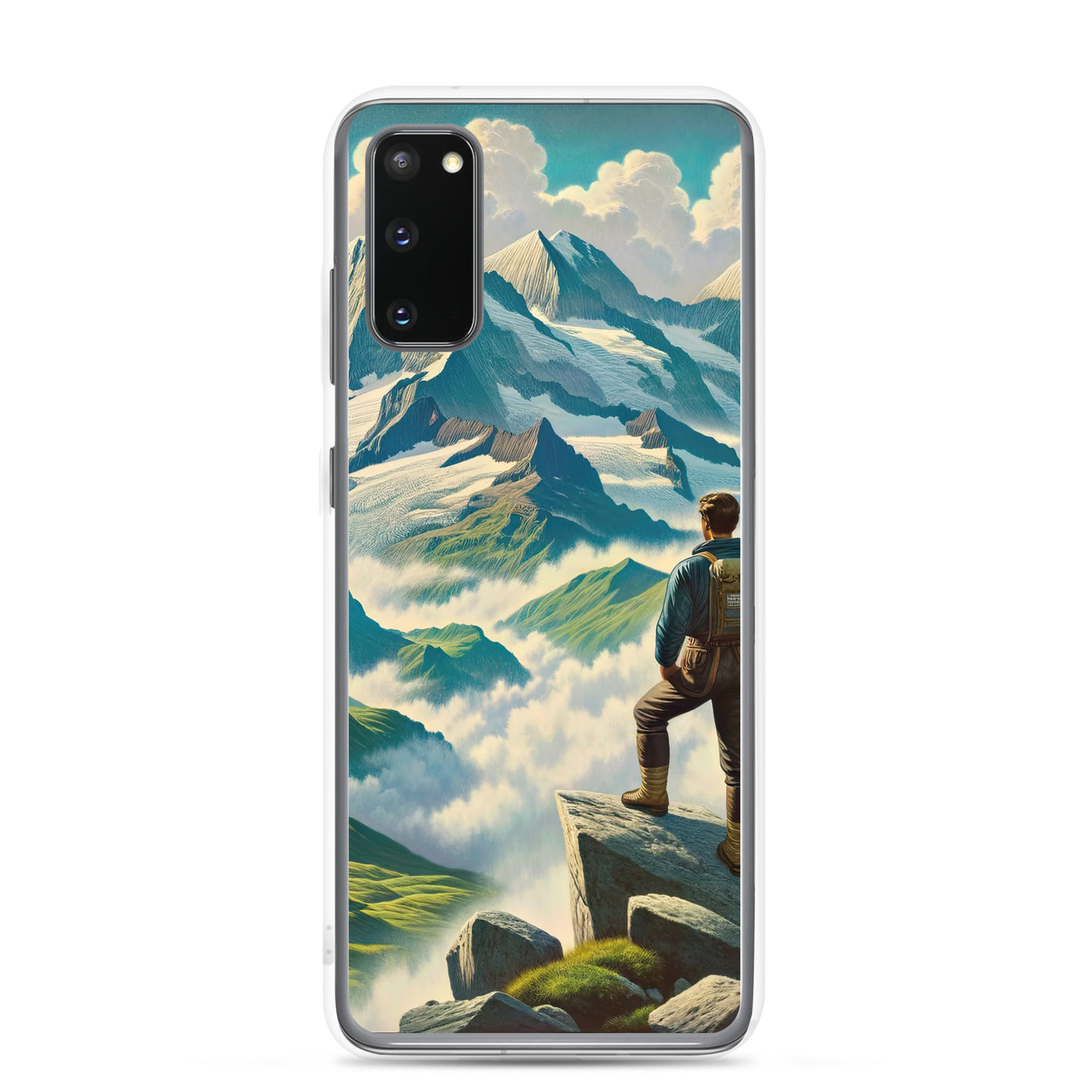Panoramablick der Alpen mit Wanderer auf einem Hügel und schroffen Gipfeln - Samsung Schutzhülle (durchsichtig) wandern xxx yyy zzz Samsung Galaxy S20