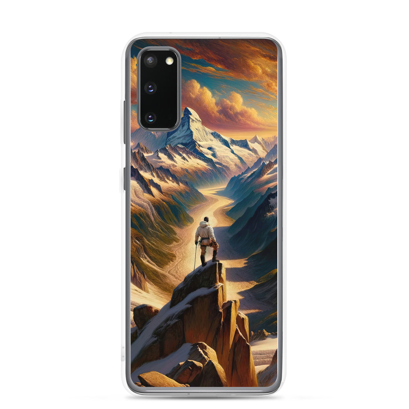Ölgemälde eines Wanderers auf einem Hügel mit Panoramablick auf schneebedeckte Alpen und goldenen Himmel - Samsung Schutzhülle (durchsichtig) wandern xxx yyy zzz Samsung Galaxy S20