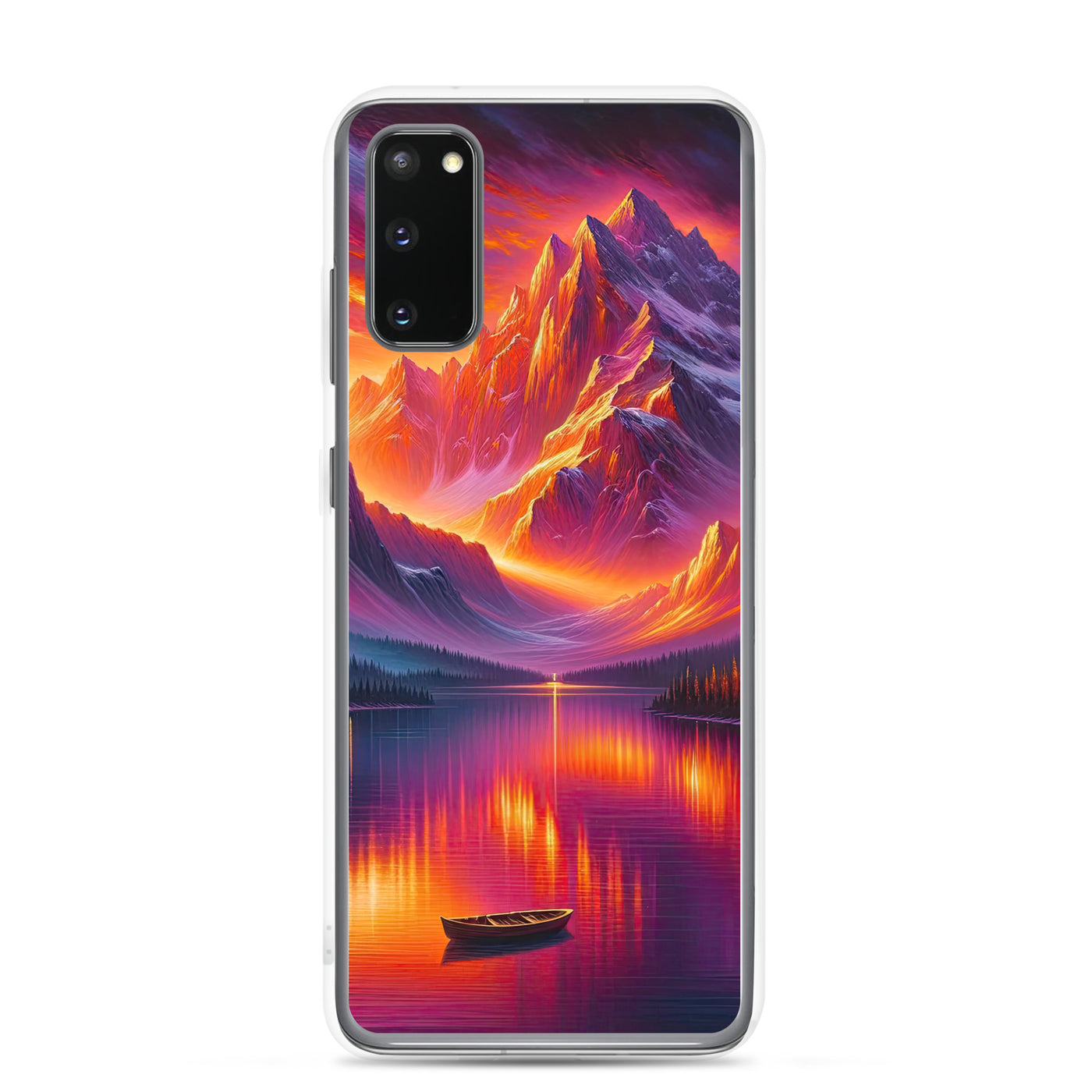 Ölgemälde eines Bootes auf einem Bergsee bei Sonnenuntergang, lebendige Orange-Lila Töne - Samsung Schutzhülle (durchsichtig) berge xxx yyy zzz Samsung Galaxy S20