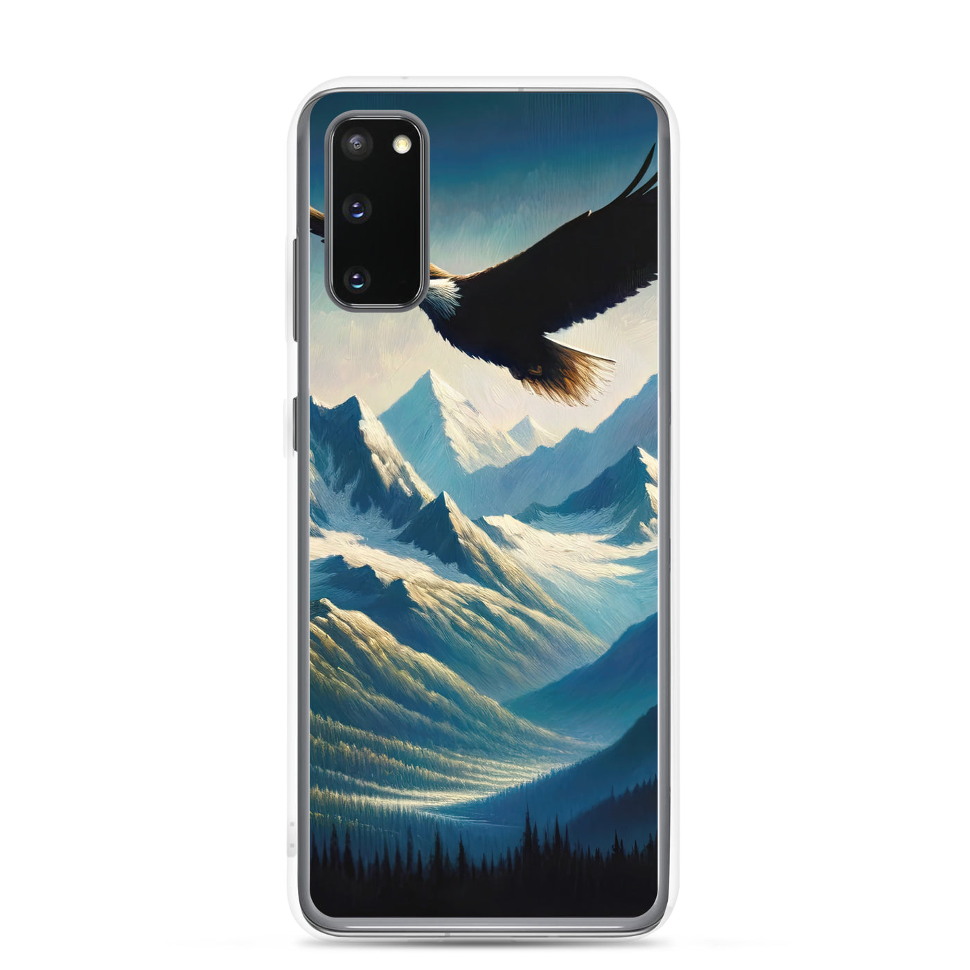 Ölgemälde eines Adlers vor schneebedeckten Bergsilhouetten - Samsung Schutzhülle (durchsichtig) berge xxx yyy zzz Samsung Galaxy S20