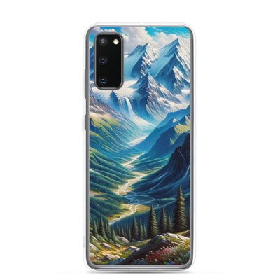 Panorama-Ölgemälde der Alpen mit schneebedeckten Gipfeln und schlängelnden Flusstälern - Samsung Schutzhülle (durchsichtig) berge xxx yyy zzz Samsung Galaxy S20