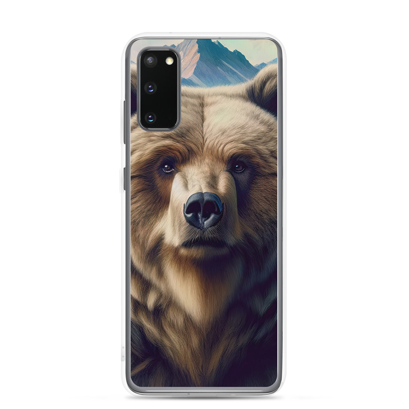 Foto eines Bären vor abstrakt gemalten Alpenbergen, Oberkörper im Fokus - Samsung Schutzhülle (durchsichtig) camping xxx yyy zzz Samsung Galaxy S20