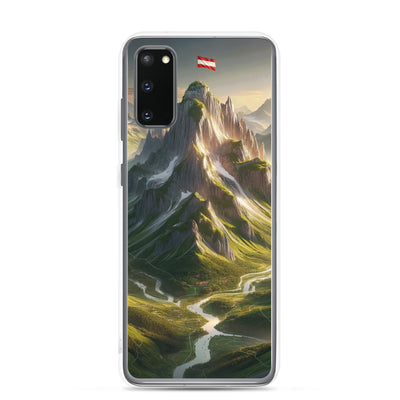 Fotorealistisches Bild der Alpen mit österreichischer Flagge, scharfen Gipfeln und grünen Tälern - Samsung Schutzhülle (durchsichtig) berge xxx yyy zzz Samsung Galaxy S20